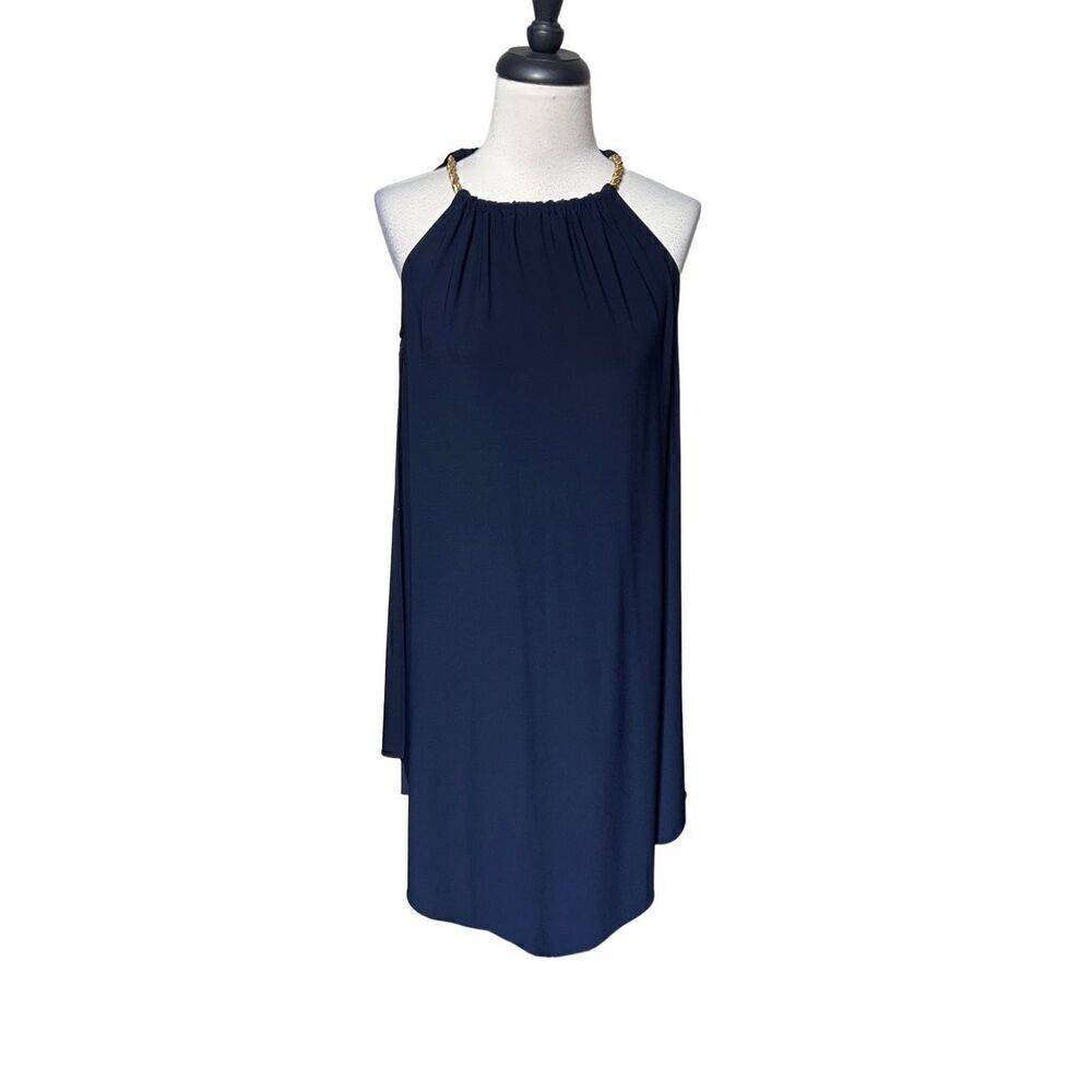 MSK Sleeveless Navy Blue Asymmetrical Dress With Chain Necklace Size Medium
